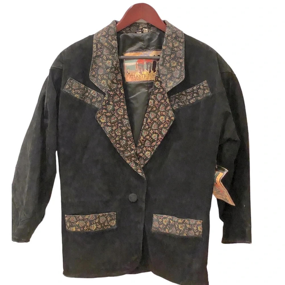 NWT Vintage Black Leather Suede Coat Blazer Paisley Trim Oversized M 90s Western